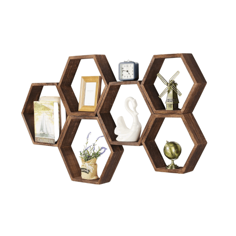 Sexkantig dekorativ och praktisk vägghylla i trä - multifunktionell design och förvaring