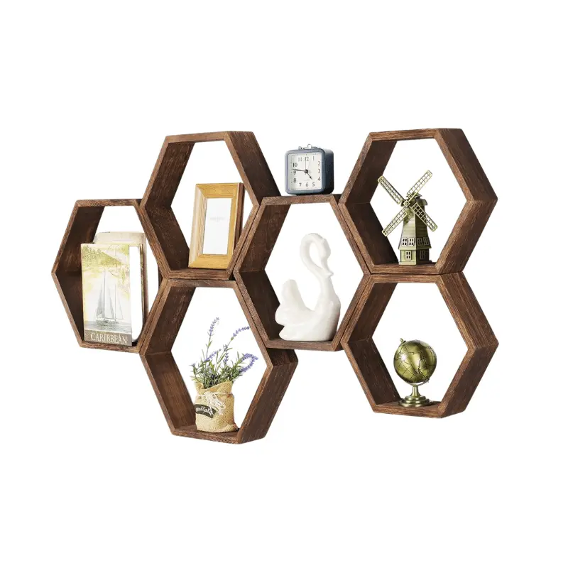Sexkantig dekorativ och praktisk vägghylla i trä - multifunktionell design och förvaring