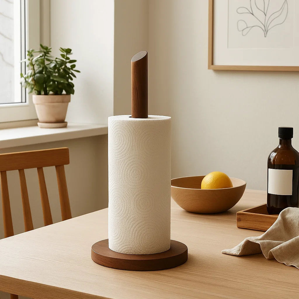 Pappershållare i valnötsfärgat trä 31cm - hushållspappershållare med rund botten