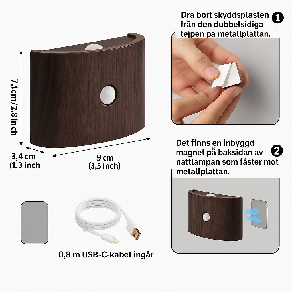 Trådlös självhäftande dimbar och uppladdningsbar lampa med rörelsesensor