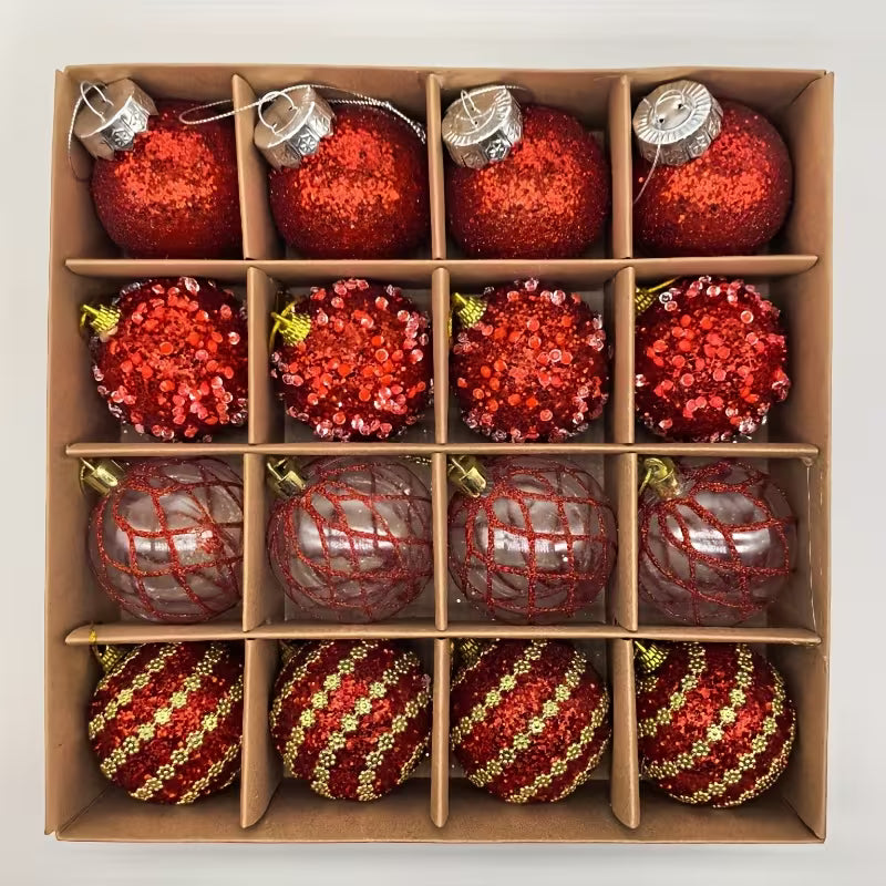 Exklusiva 16-pack julkulor med design och glitter- guld, silver, röd, vit, grön, blå,rosa