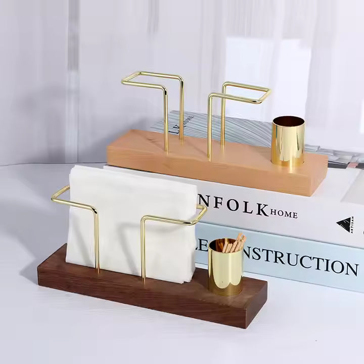 Elegant servetthållare med tandpetarhållare i trä och guld