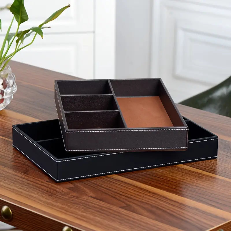 PU-läder bricka – 4 Fack, Stapelbar Förvaring för Accessoarer & Plånbok
