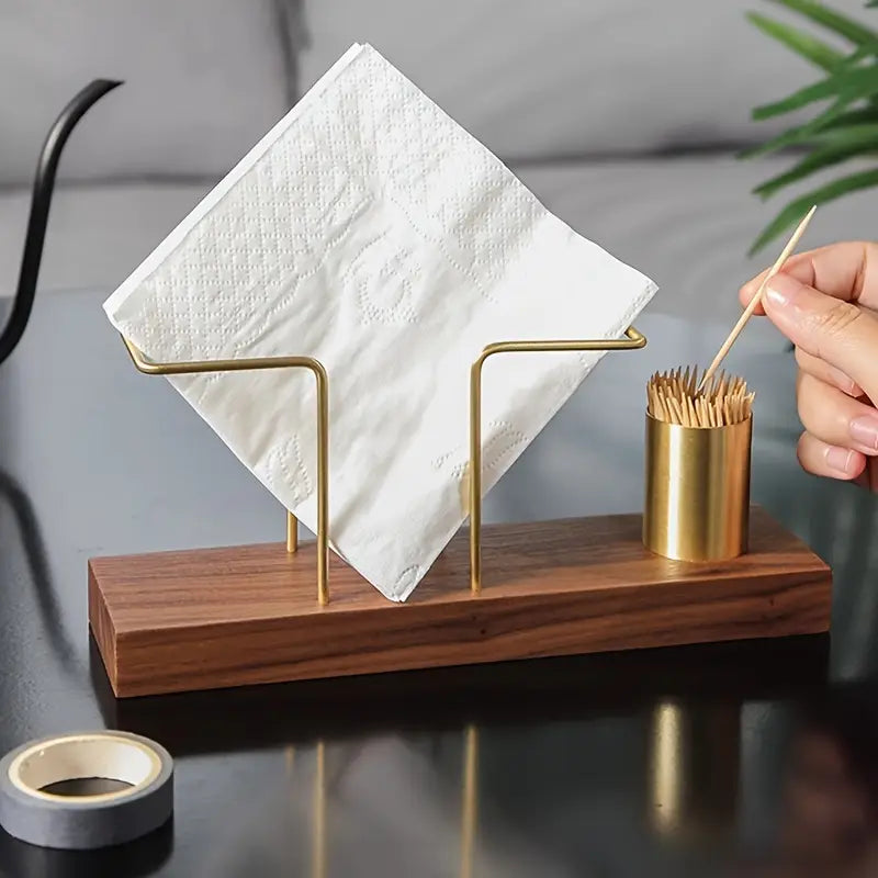 Elegant servetthållare med tandpetarhållare i trä och guld