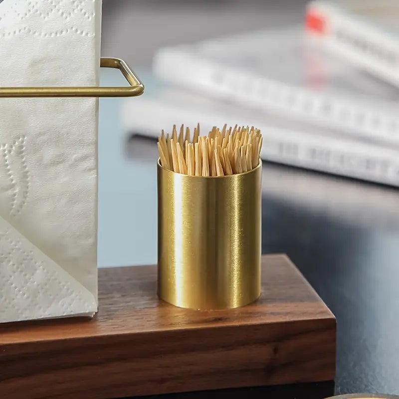 Elegant servetthållare med tandpetarhållare i trä och guld