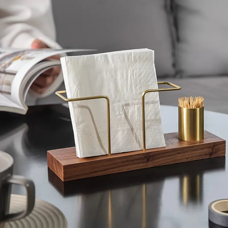 Elegant servetthållare med tandpetarhållare i trä och guld