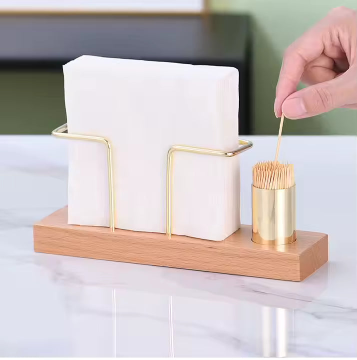 Elegant servetthållare med tandpetarhållare i trä och guld
